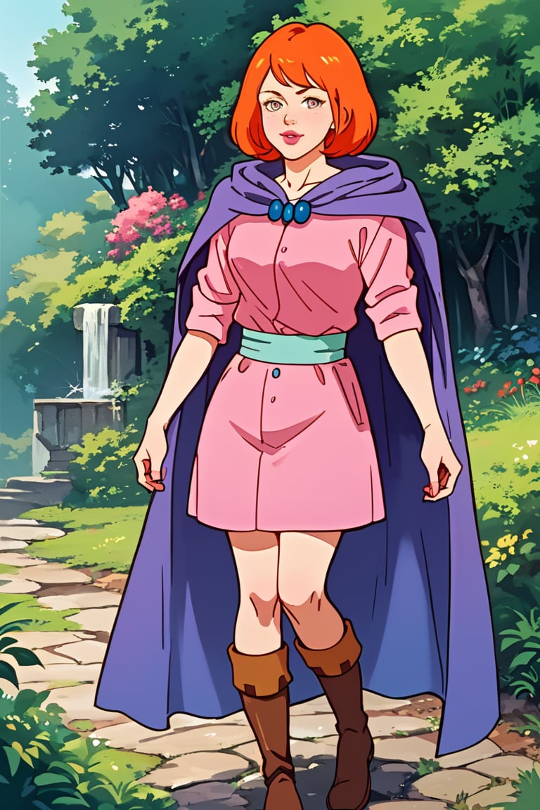 masterpiece, best quality, highly detailed, score_9, score_8_up, score_7_up, score_6_up, source_anime, outdoors, BREAK,SheilaThiefXLP,pink shirt, pink miniskirt,purple cape, hood down,boots,freckles,pale skin,orange short hair, lips,