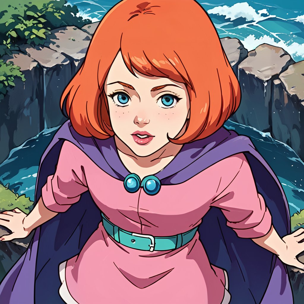 portrait, masterpiece, best quality, highly detailed, score_9, score_8_up, score_7_up, score_6_up, source_anime, outdoors, BREAK,SheilaThiefXLP, pink shirt, pink short skirt, purple cape,  boots, freckles, pale skin, orange short hair, lips, aquamarine belt, fantasy word, from above,