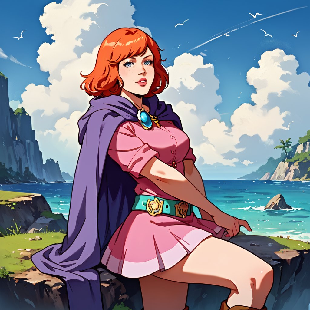 portrait, masterpiece, best quality, highly detailed, score_9, score_8_up, score_7_up, score_6_up, source_anime, outdoors, BREAK,SheilaThiefXLP, pink shirt, pink short skirt, purple cape,  boots, freckles, pale skin, orange short hair, lips, aquamarine belt, fantasy word,