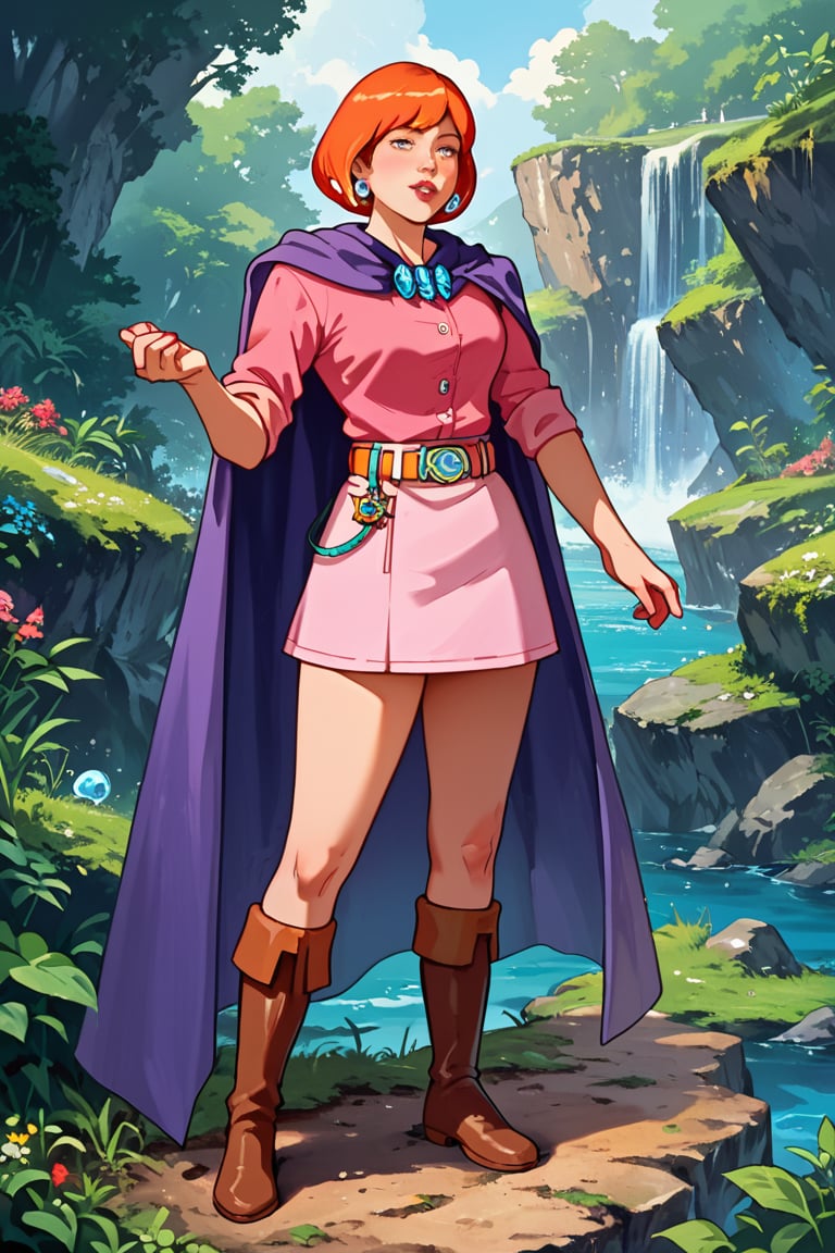 masterpiece, best quality, highly detailed, score_9, score_8_up, score_7_up, score_6_up, source_anime, outdoors, BREAK,SheilaThiefXLP, pink shirt, pink short skirt, purple cape,  boots, freckles, pale skin, orange short hair, lips, aquamarine belt, fantasy word,