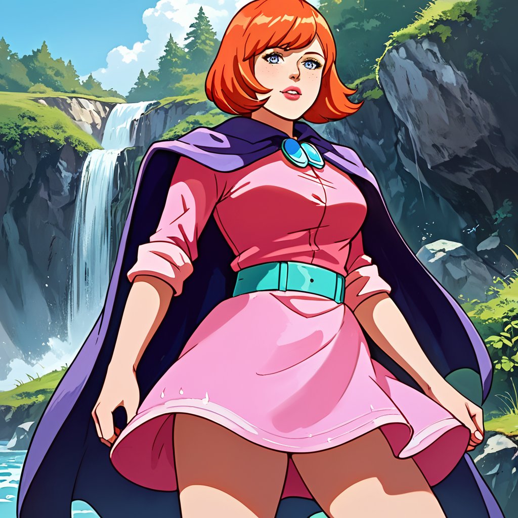 portrait, masterpiece, best quality, highly detailed, score_9, score_8_up, score_7_up, score_6_up, source_anime, outdoors, BREAK,SheilaThiefXLP, pink shirt, pink short skirt, purple cape,  boots, freckles, pale skin, orange short hair, lips, aquamarine belt, fantasy word,