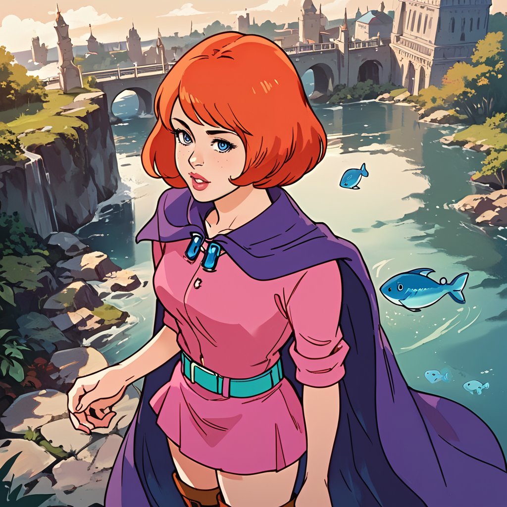 portrait, masterpiece, best quality, highly detailed, score_9, score_8_up, score_7_up, score_6_up, source_anime, outdoors, BREAK,SheilaThiefXLP, pink shirt, pink short skirt, purple cape,  boots, freckles, pale skin, orange short hair, lips, aquamarine belt, fantasy word, from above,