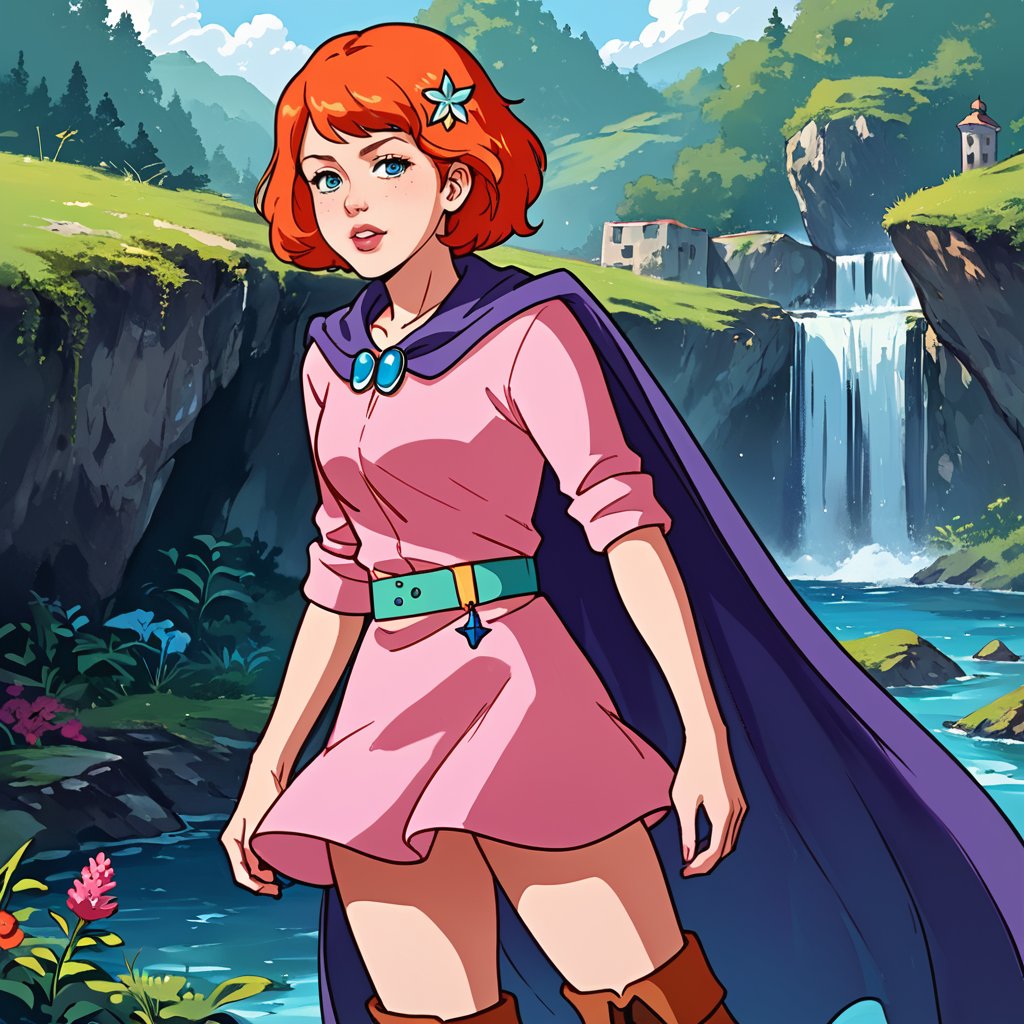 portrait, masterpiece, best quality, highly detailed, score_9, score_8_up, score_7_up, score_6_up, source_anime, outdoors, BREAK,SheilaThiefXLP, pink shirt, pink short skirt, purple cape,  boots, freckles, pale skin, orange short hair, lips, aquamarine belt, fantasy word,