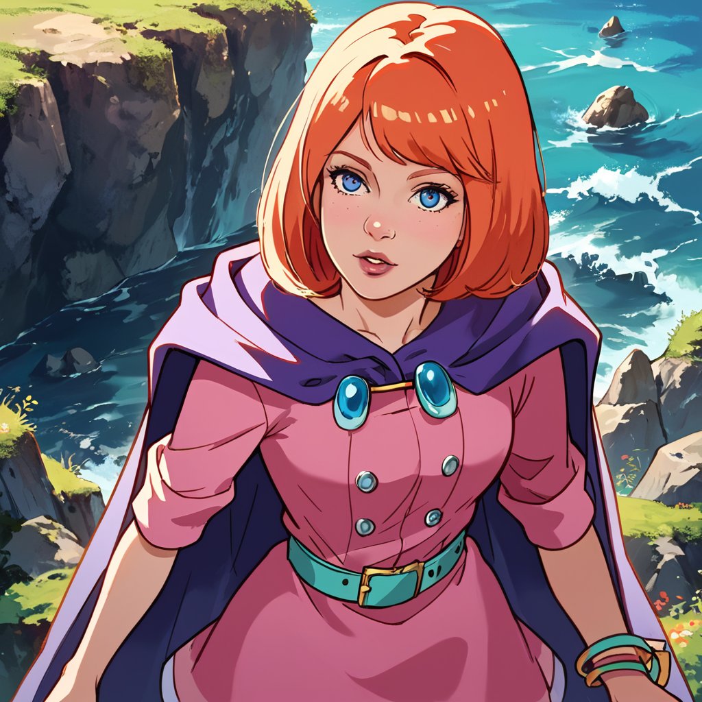 portrait, masterpiece, best quality, highly detailed, score_9, score_8_up, score_7_up, score_6_up, source_anime, outdoors, BREAK,SheilaThiefXLP, pink shirt, pink short skirt, purple cape,  boots, freckles, pale skin, orange short hair, lips, aquamarine belt, fantasy word, from above,