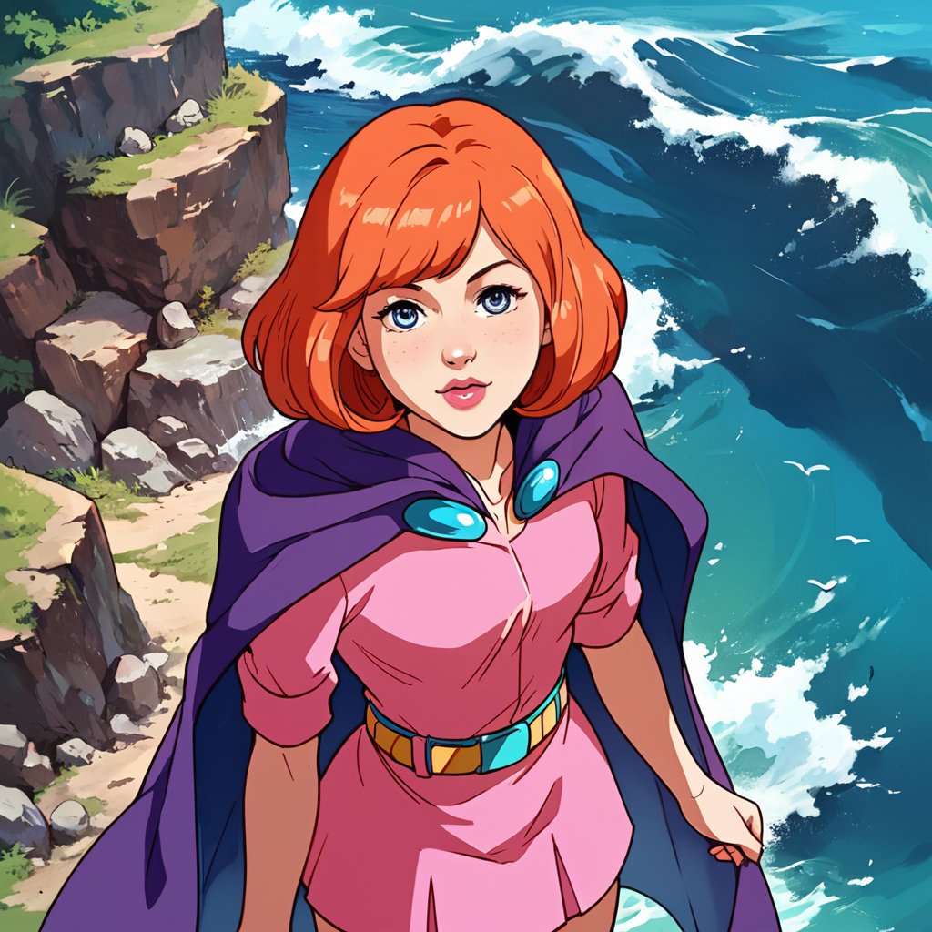 portrait, masterpiece, best quality, highly detailed, score_9, score_8_up, score_7_up, score_6_up, source_anime, outdoors, BREAK,SheilaThiefXLP, pink shirt, pink short skirt, purple cape,  boots, freckles, pale skin, orange short hair, lips, aquamarine belt, fantasy word, from above,