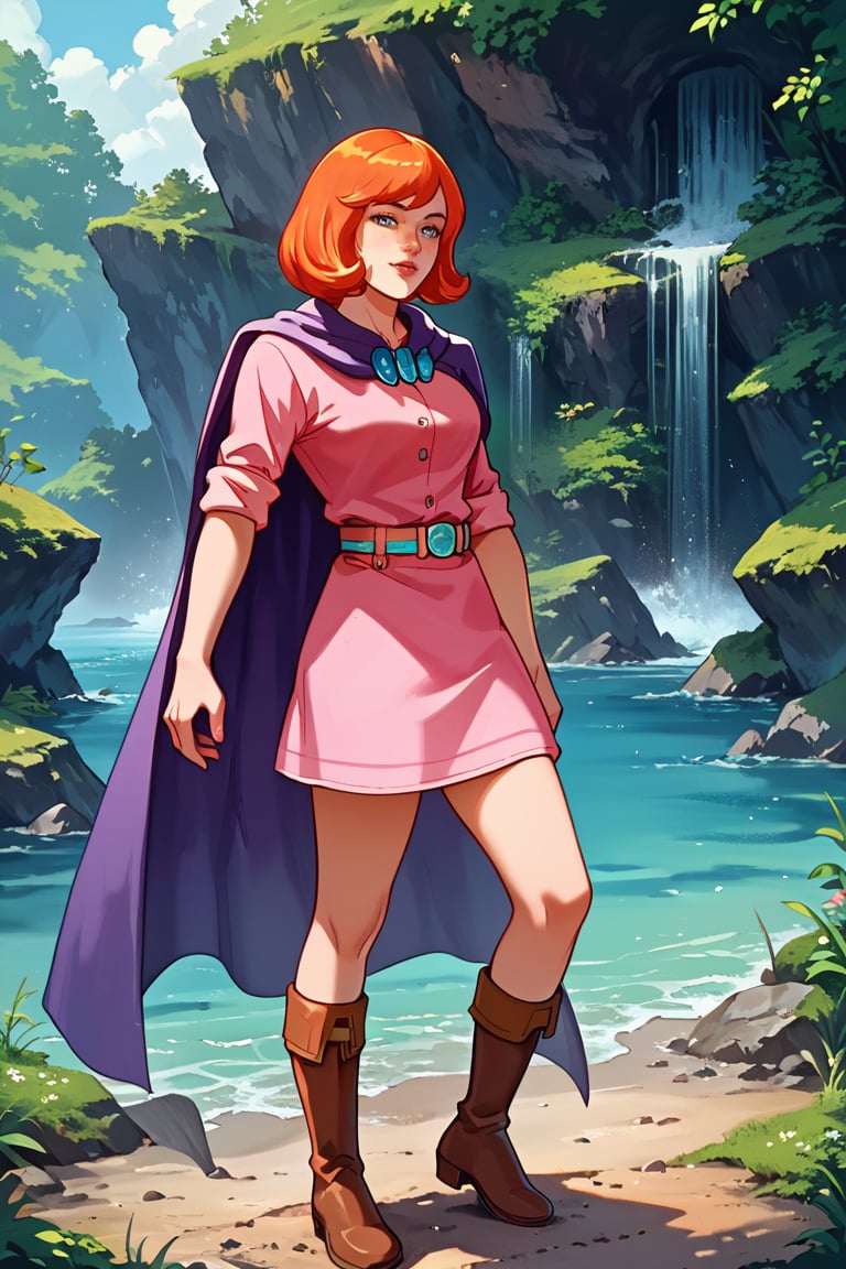 masterpiece, best quality, highly detailed, score_9, score_8_up, score_7_up, score_6_up, source_anime, outdoors, BREAK,SheilaThiefXLP, pink shirt, pink short skirt, purple cape,  boots, freckles, pale skin, orange short hair, lips, aquamarine belt, fantasy word,