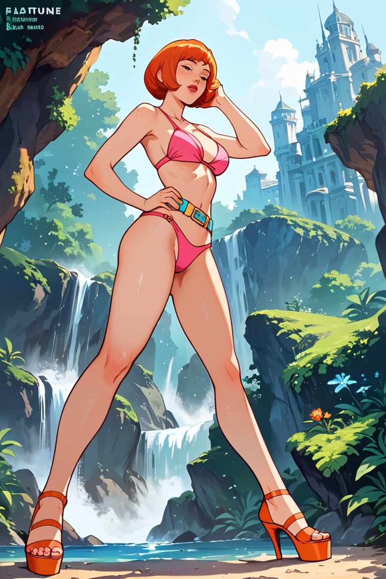 masterpiece, best quality, highly detailed, score_9, score_8_up, score_7_up, score_6_up, source_anime, outdoors, BREAK,SheilaThiefXLP, pink bikini, high heels, freckles, pale skin, orange short hair, lips, aquamarine belt, fantasy word, from below,