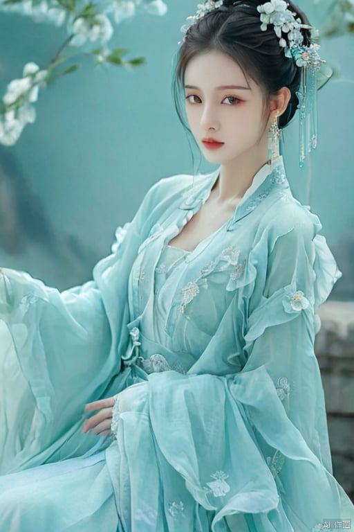 Beauty, full-body photo, long legs, light blue ruffle flower Hanfu, the background creates an ancient atmosphere, light turquoise color, exquisite details, high-definition photography, showing the style of traditional Chinese art.,Wearing elegant Danqing costumes