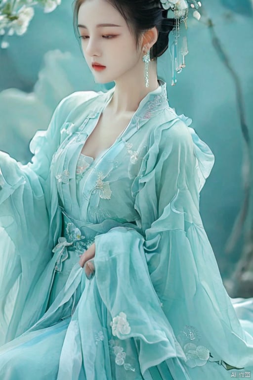 Beauty, full-body photo, long legs, light blue ruffle flower Hanfu, the background creates an ancient atmosphere, light turquoise color, exquisite details, high-definition photography, showing the style of traditional Chinese art.,Wearing elegant Danqing costumes