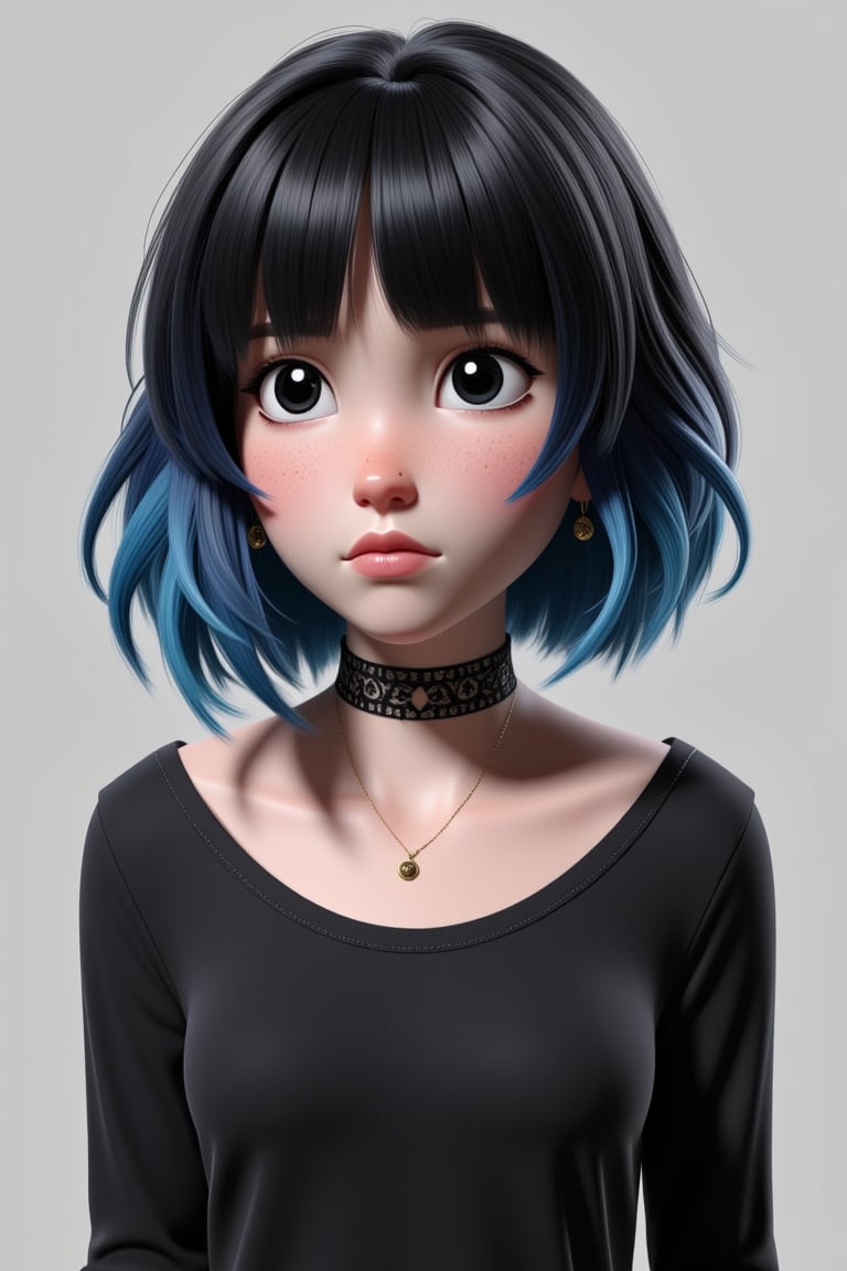 3d render of a girl, solo, multicolored hair, blue hair, black hair, necklace, freckles, jewelry, two-tone hair, looking to the side, realistic, upper body, simple background, bangs, looking away, short hair, parted lips, black eyes, lips, gothic, choker, makeup, mole, black shirt, shirt,