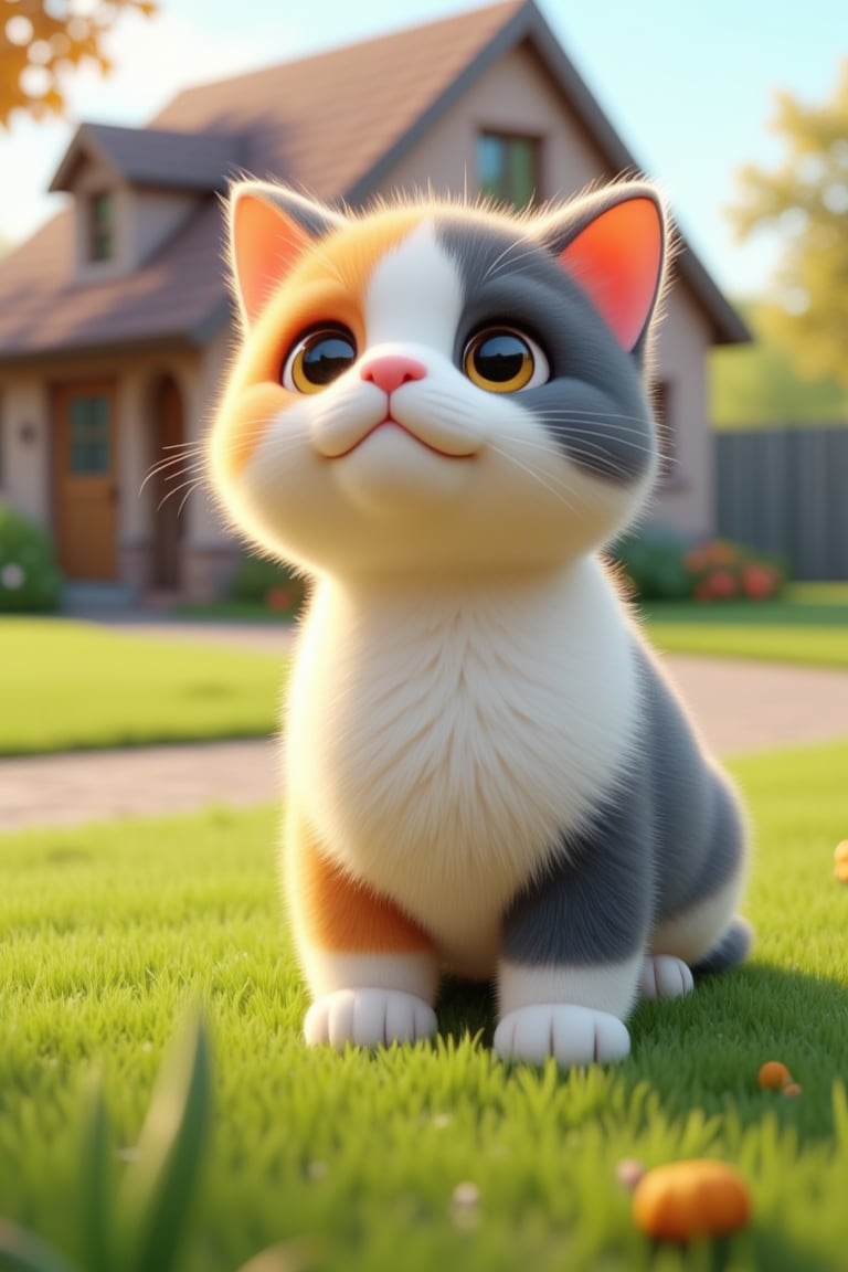 3d render of a cute cat, multicolor,outdoors, grass, house, road, blurry background, kitten