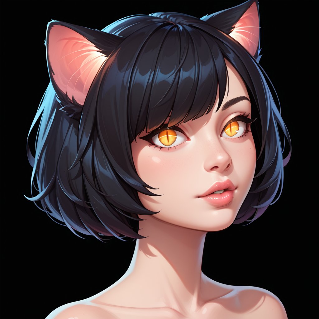 score_9, score_8_up, score_7_up, 1girl, catgirl, cat ears, shorthair, hair over one eyes, black hair, detailed lips, golden eyes, cat eyes, slit pupil, glowing eyes, black background, masterpiece, best quality, amazing quality, very aesthetic, absurdres