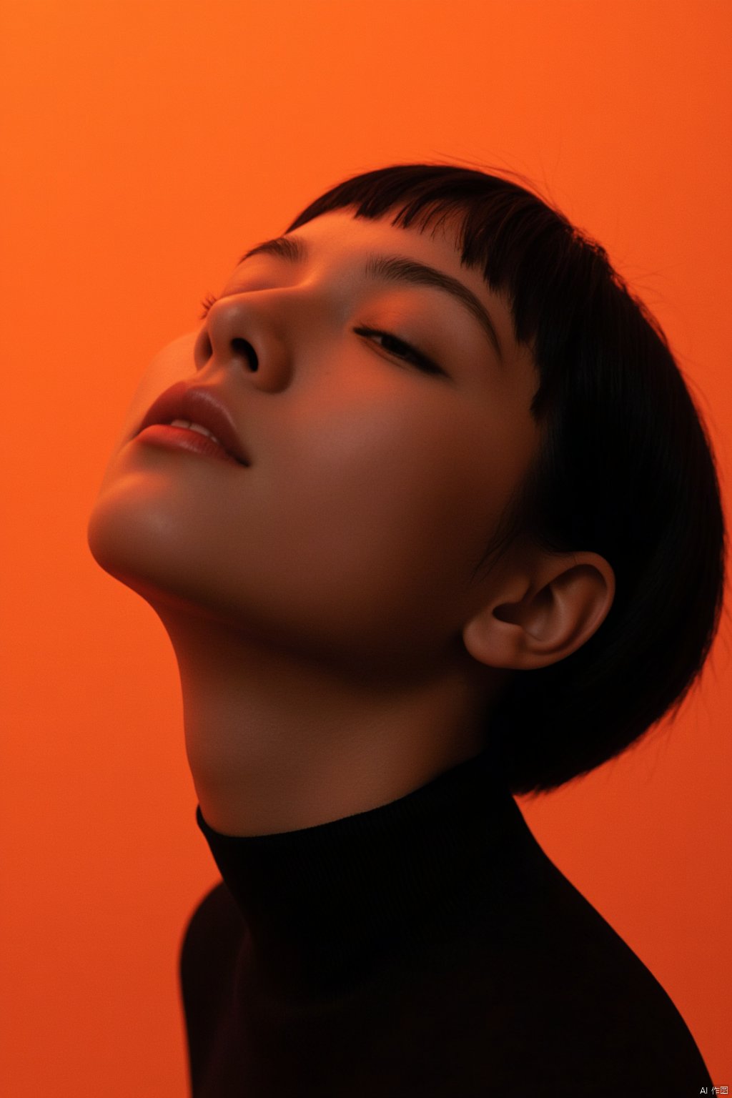 The image features a female subject against a vibrant orange background. She is portrayed with her head tilted back and eyes closed, conveying a sense of peaceful repose. The woman has short black hair, and she is wearing a black turtleneck, creating a striking contrast with the bright background. Her features are depicted with a blend of realism and artistic expression, accentuating her serene expression and the smooth contours of her face and neck. The overall ambiance of the image is tranquil and introspective, highlighted by the use of saturated colors and the clear focus on the subject’s face and upper torso. This creates a captivating visual impact that draws the viewer into a moment of quiet contemplation alongside the subject.