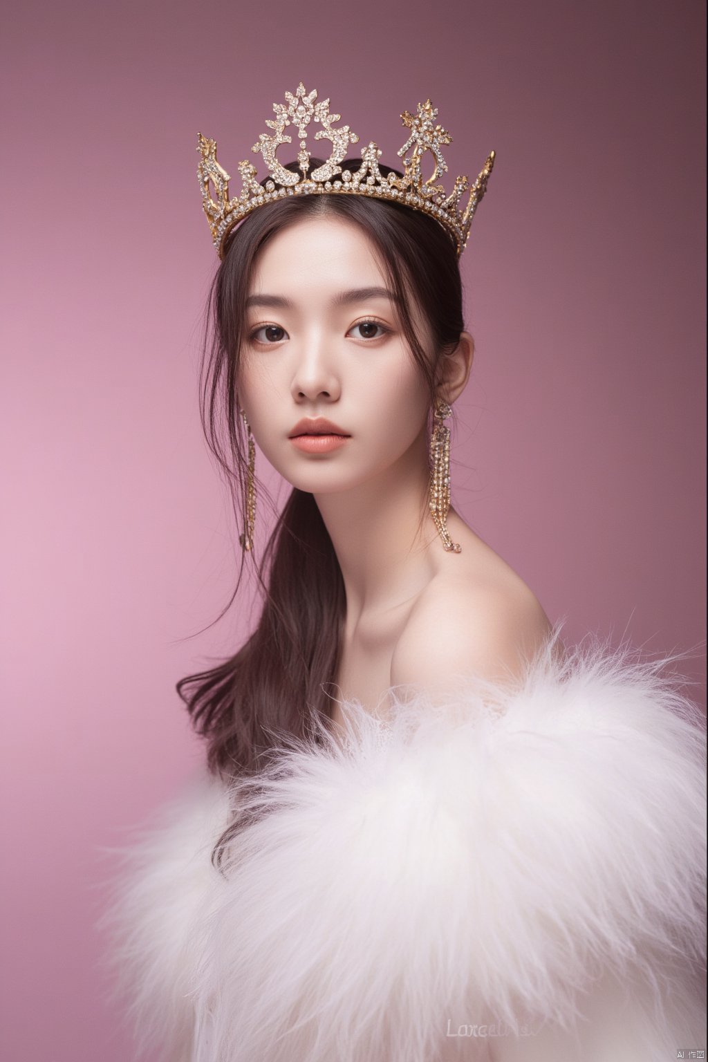 The image portrays a young woman adorned in regal attire against a soft pink background. She wears a glittering gold crown that suggests a theme of royalty or high fashion. Her attire includes a fur coat draped elegantly over a delicate lace dress, which adds a touch of luxury and sophistication to the portrait. Her facial expression is serene and contemplative, her large eyes gazing directly at the viewer, creating a captivating connection. The overall color scheme features soft shades of pink and white, complemented by the gold of her crown and earring, enhancing the image's ethereal and rich ambiance. The warm tones and soft focus convey a sense of dreaminess and elegance.