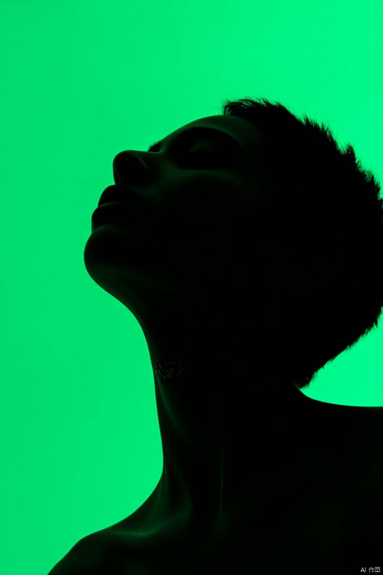 The word "FLUX" is tattooed on her neck ,The image features a profile view of a person with dark skin against a vibrant green background. The individual's head is tilted slightly upward, with closed eyes and a serene expression, offering a sense of contemplation or introspection. The lighting casts the subject mostly in silhouette, creating a striking contrast between the figure and the monochromatic green backdrop. The simplicity of the image accentuates the elegant lines of the person's facial features and neck. The short, natural hair texture of the subject is just visible against the bright backdrop. The image's overall mood is calm and introspective, with the stark color palette and silhouette conveying both simplicity and depth.