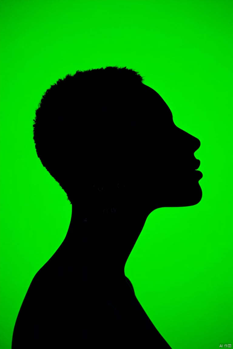 The word "FLUX" is tattooed on her neck ,The image features a profile view of a person with dark skin against a vibrant green background. The individual's head is tilted slightly upward, with closed eyes and a serene expression, offering a sense of contemplation or introspection. The lighting casts the subject mostly in silhouette, creating a striking contrast between the figure and the monochromatic green backdrop. The simplicity of the image accentuates the elegant lines of the person's facial features and neck. The short, natural hair texture of the subject is just visible against the bright backdrop. The image's overall mood is calm and introspective, with the stark color palette and silhouette conveying both simplicity and depth.