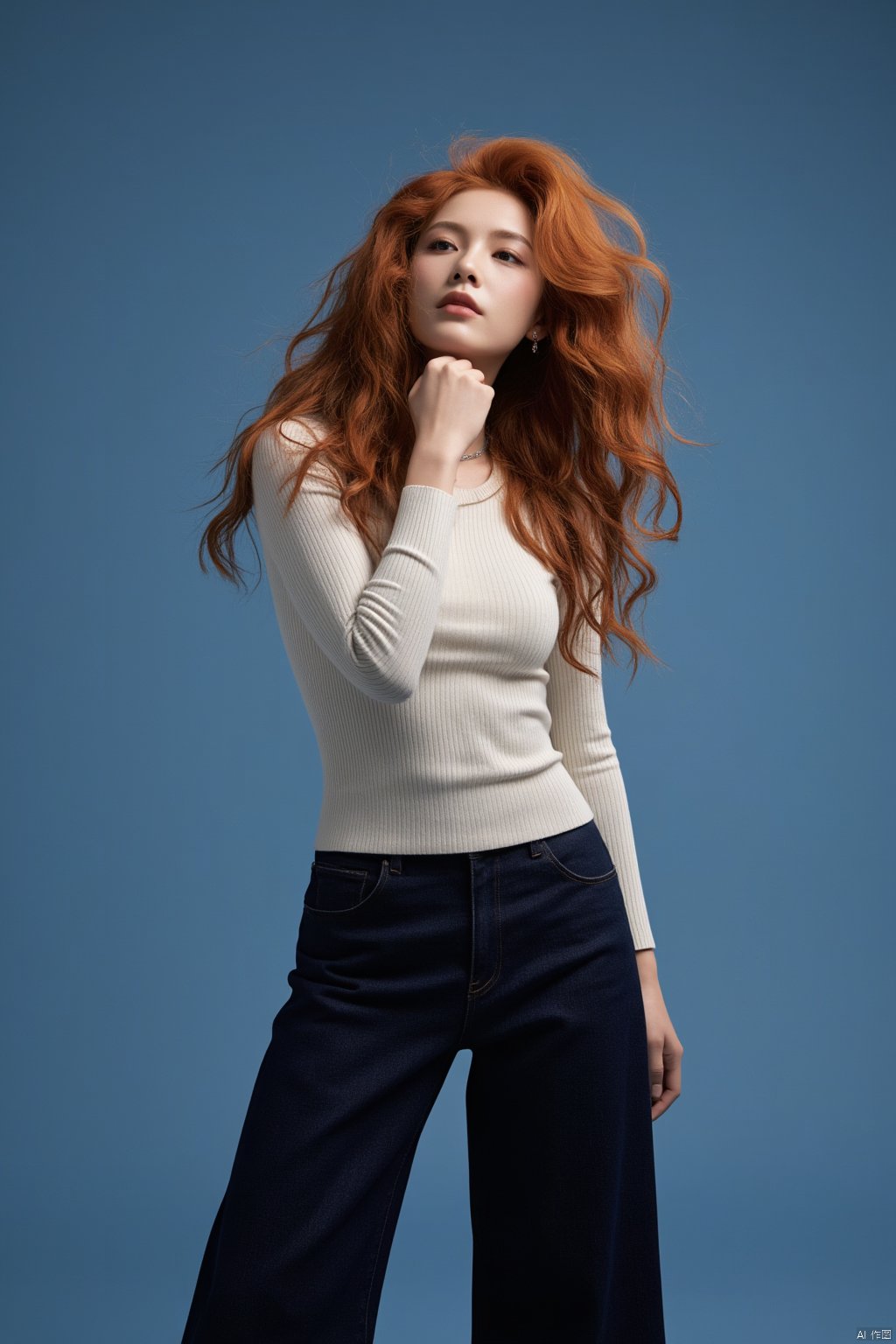 This professional studio headshot captures a striking sad1es1nk standing against a plain blue background, allowing her vibrant features and carefully chosen outfit to take center stage. Her luscious, wavy ginger hair cascades gracefully down her back, the rich, fiery tones of her hair contrasting beautifully with the cool blue backdrop. The waves in her hair are voluminous and well-defined, adding a sense of movement and natural beauty to the composition.

She is dressed in a cream-colored, long-sleeved ribbed top that clings elegantly to her frame, highlighting her toned arms and creating a sleek, fitted look. The texture of the ribbed fabric adds depth to the top, making it a subtle yet striking piece. The top is neatly tucked into high-waisted, wide-leg dark blue jeans that elongate her silhouette, offering a flattering and balanced contrast between the fitted upper half of her outfit and the flowing, relaxed fit of the jeans. The dark blue denim is rich in color, complementing the lighter tones of her top while creating a harmonious, cohesive look.

Her left wrist is adorned with a sleek wristwatch, its metallic sheen catching the light and adding a touch of sophistication to her ensemble. Around her neck, she wears a delicate pendant necklace that rests just above her collarbone, its simplicity adding an understated elegance to her overall appearance. The necklace, with its fine chain and subtle charm, draws just the right amount of attention without overpowering the rest of her outfit.

The woman’s pose is both confident and poised, as she gazes slightly upwards with a calm, serene expression. Her eyes, framed by soft, natural makeup, reflect a sense of quiet determination and self-assuredness. Her lips are curved into a gentle, knowing smile, conveying an air of tranquility and inner peace. The plain blue background serves to keep the focus entirely on her, highlighting her striking features and the carefully curated details of her outfit. The lighting is even and soft, casting no harsh shadows, and allowing the natural beauty of her ginger hair, the textures of her clothing, and the subtle shine of her accessories to be fully appreciated. The overall composition is one of elegance and confidence, with the woman exuding a serene, timeless grace.