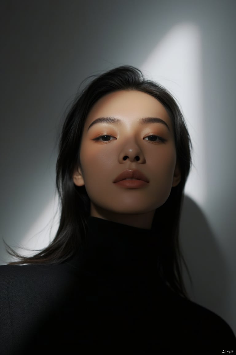 close up portrait, Amidst the interplay of light and shadows in a photography studio,a soft spotlight traces the contours of a face,highlighting a figure clad in a sleek black turtleneck. The garment,hugging the skin with subtle luxury,complements the  Caucasian model's understated makeup, long hair, embodying minimalist elegance. Behind,a pale gray backdrop extends,its fine texture shimmering subtly in the dim light,artfully balancing the composition and focusing attention on the subject. In a palette of black,gray,and skin tones,simplicity intertwines with profundity,as every detail whispers untold stories.