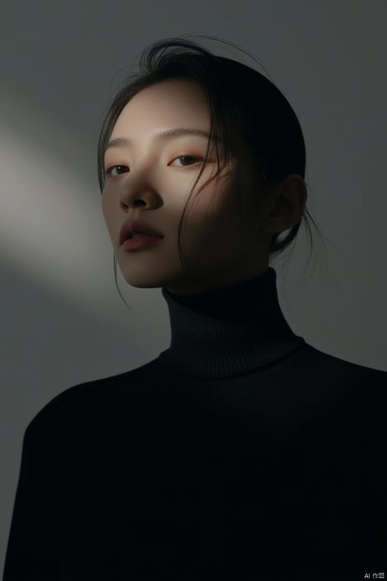 close up portrait, Amidst the interplay of light and shadows in a photography studio,a soft spotlight traces the contours of a face,highlighting a figure clad in a sleek black turtleneck. The garment,hugging the skin with subtle luxury,complements the  Caucasian model's understated makeup, long hair, embodying minimalist elegance. Behind,a pale gray backdrop extends,its fine texture shimmering subtly in the dim light,artfully balancing the composition and focusing attention on the subject. In a palette of black,gray,and skin tones,simplicity intertwines with profundity,as every detail whispers untold stories.