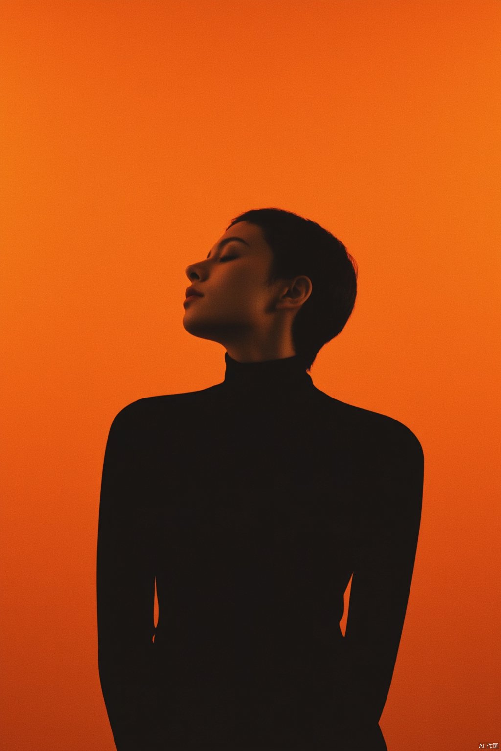 The image features a female subject against a vibrant orange background. She is portrayed with her head tilted back and eyes closed, conveying a sense of peaceful repose. The woman has short black hair, and she is wearing a black turtleneck, creating a striking contrast with the bright background. Her features are depicted with a blend of realism and artistic expression, accentuating her serene expression and the smooth contours of her face and neck. The overall ambiance of the image is tranquil and introspective, highlighted by the use of saturated colors and the clear focus on the subject’s face and upper torso. This creates a captivating visual impact that draws the viewer into a moment of quiet contemplation alongside the subject.