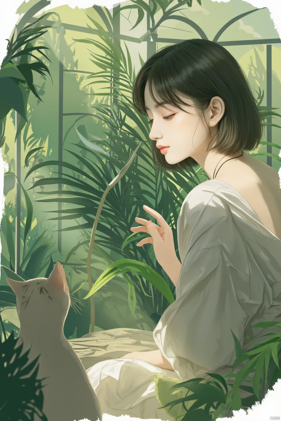 This is a fantasy-themed illustration with a minimalist approach. The focus is on a Japanese girl with a cute and innocent "kawaii" aesthetic, presented with a simple and clean design. The artwork emphasizes subtle colors, clean lines, smooth curves, and sleek contours, with bold outlines and crisp, sharp edges. The overall composition is uncluttered and refined, reflecting a fashion editorial style that is stylish, professional, and elegant, with an emphasis on simplicity and restraint rather than vibrant colors. Striking illustration work of a pretty girl and a young cat meeting for the first time in a greenhouse. The illustration is fantastically styled, capturing the expression of the girl's fascination with the cat's mysteriousness. The plants in the greenhouse are overflowing with a green glow, giving the impression of their meeting. 