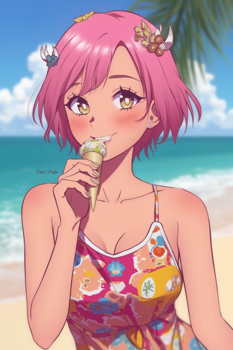 A woman with short pink hair, golden eyes, and caramel skin smiles in a colorful sundress, enjoying an ice cream at the beach, webtoon_style.