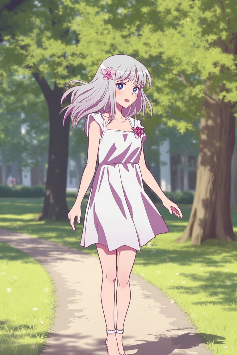 A woman with platinum blonde hair, violet eyes, and light skin walks through a park in a white dress, smiling, webtoon_style.