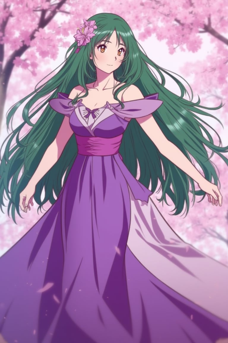 A woman with long, emerald-green hair, amber eyes, and fair skin twirls in a purple gown under cherry blossoms, webtoon_style.