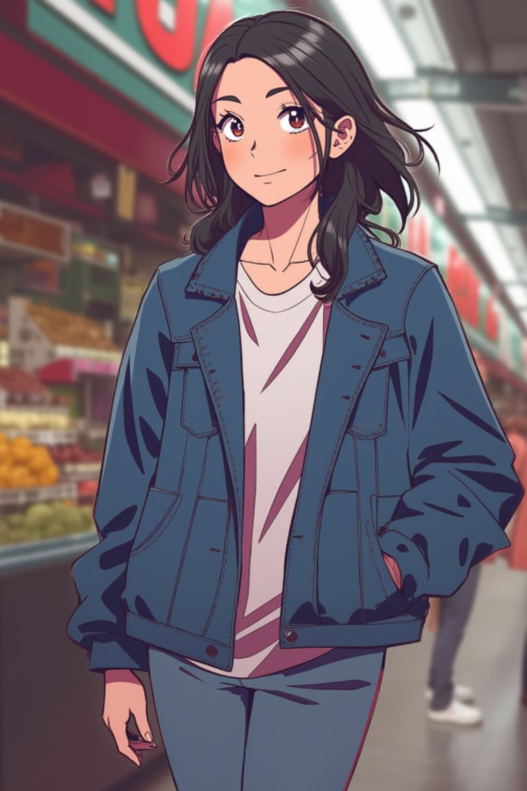 A female with slicked-back black hair, silver eyes, and light olive skin strolls through a lively market in a denim jacket, smiling, webtoon_style.