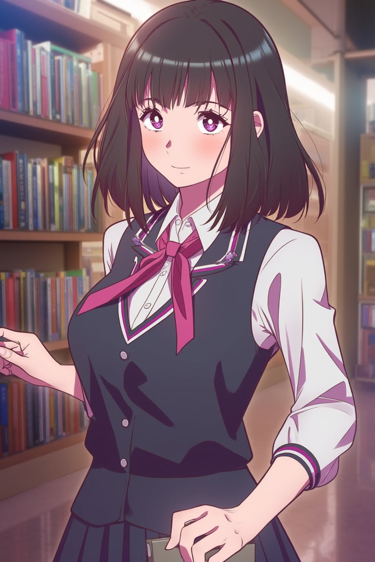 webtoon_style of beautiful woman in school uniform with short hair smiling, at library, detailed art, depth of field