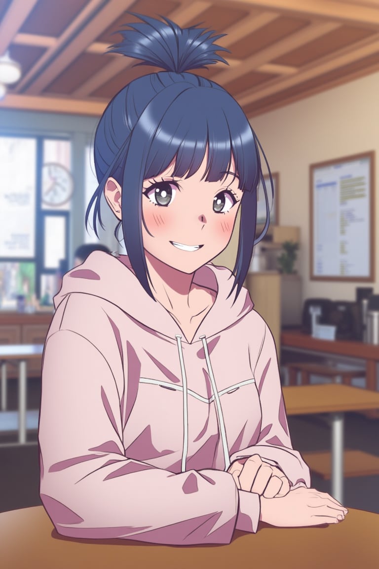 A girl with blue hair in a bun, gray eyes, and tan skin happily smile in a casual hoodie at a café, webtoon_style.