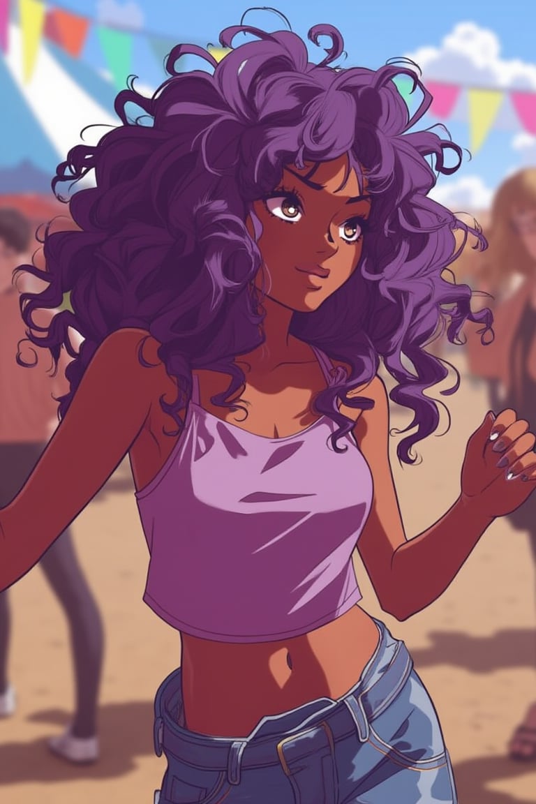 A female with curly purple hair, hazel eyes, and olive skin dances in a casual crop top at a street festival, webtoon_style.