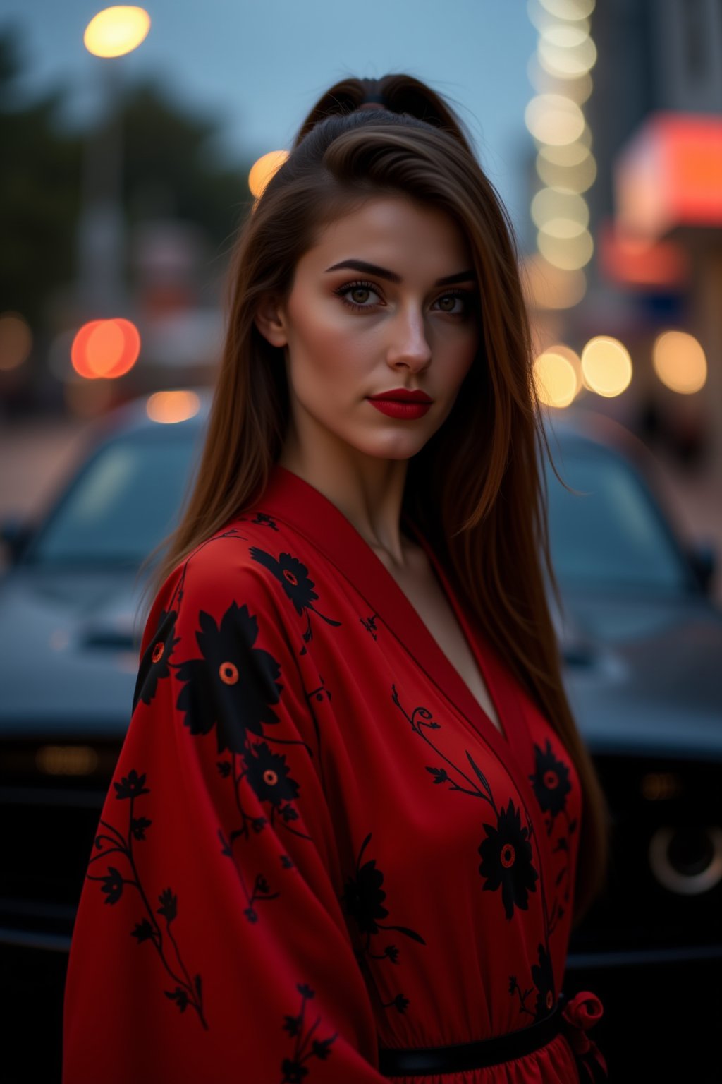 "A dynamic portrait of a young woman with straight, chestnut brown hair styled in a high ponytail. She is wearing a bright red kimono with black floral patterns, and her intense black eyes are focused ahead. She stands beside a sleek black sports car in an urban setting at dusk, with city lights beginning to glow in the background, adding an element of mystery and style."