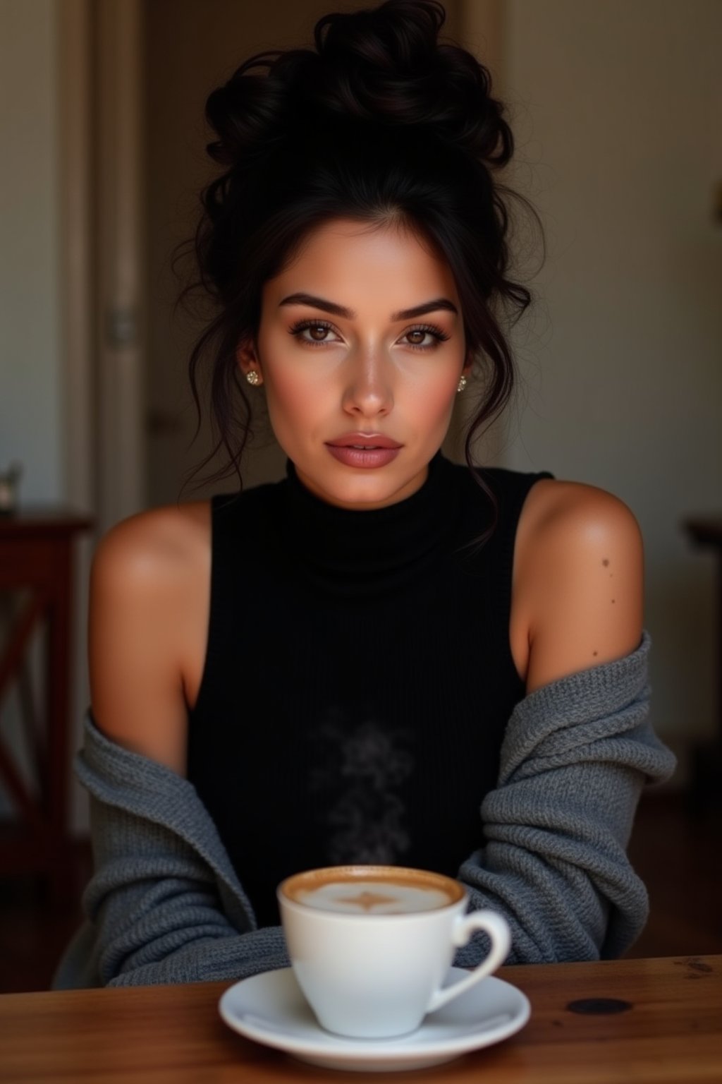 "A close-up of a young woman with curly black hair tied into a messy bun. She is wearing a black sleeveless turtleneck top and a loose gray cardigan draped over her shoulders. Her brown eyes are highlighted with natural makeup, and her lips are painted in a soft rose color. She is sitting at a vintage wooden table in a cozy room, with a steaming cup of coffee in front of her, giving a relaxed, warm ambiance."