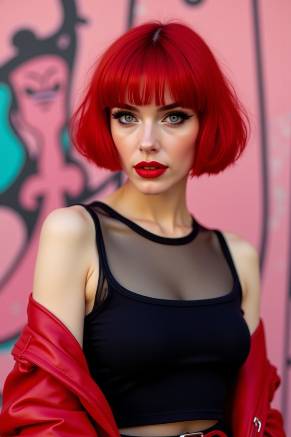 "A realistic portrait of a young woman with fiery red hair styled in a short, edgy bob cut. She wears a sleeveless black top with a sheer overlay and a red leather jacket draped over one shoulder. Her sharp black eyes are bold and captivating, and she stands in front of a pastel pink wall with graffiti art, giving a contrast between elegance and rebellion."