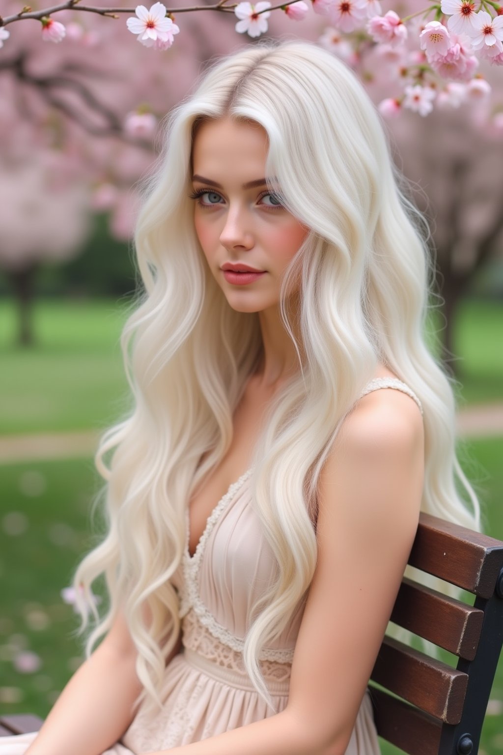 "A serene image of a young woman with long, wavy white hair cascading down her back. She is wearing a soft beige sleeveless dress with intricate lace details. Her soft black eyes have a peaceful and dreamy look. She sits on a park bench under a cherry blossom tree, with petals gently falling around her, creating a delicate and tranquil scene."