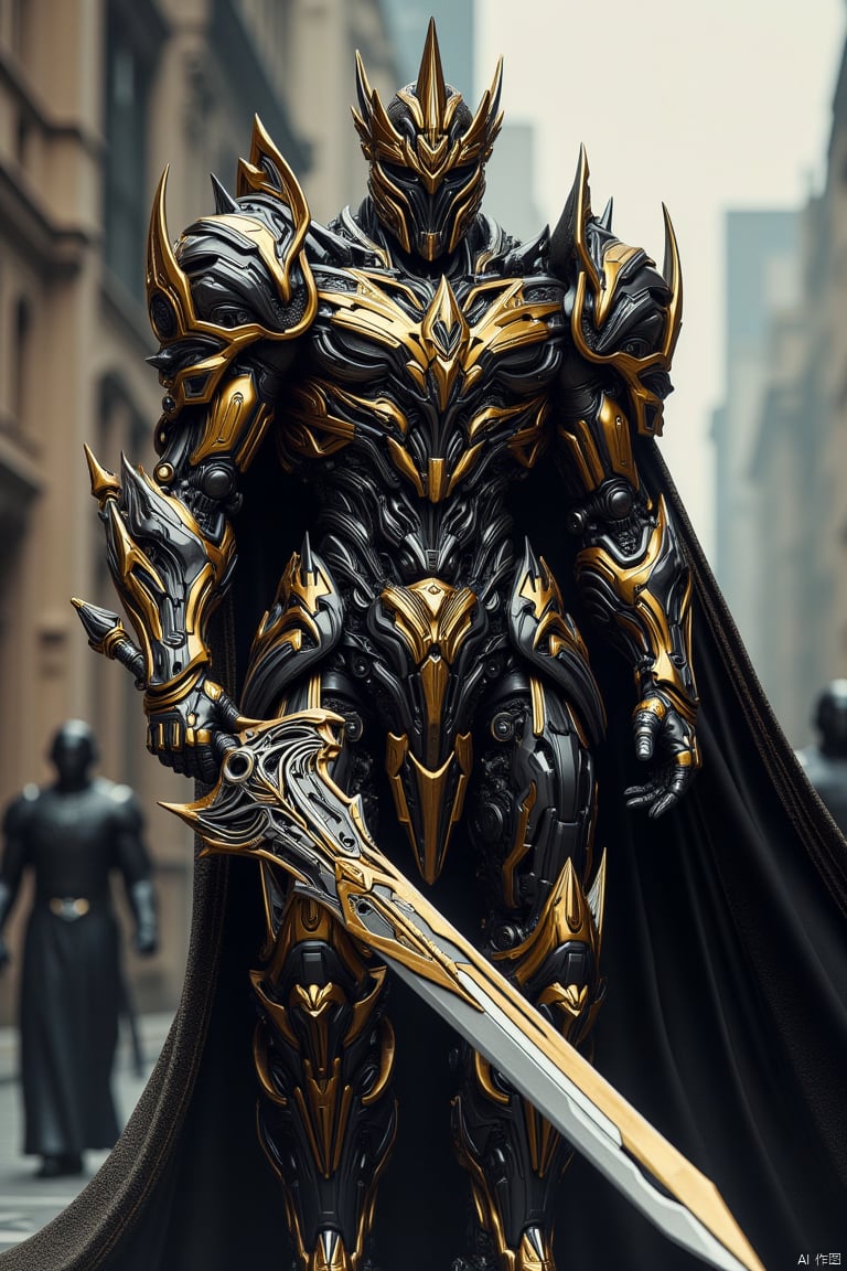 dynamic angle, impressive, visually stunning, mech, sword, paladin, templar, holy knight, dynamic pose, action shot, crown, righteous, ornate patterns, regal, black and gold, cloak, aegis, menacing, justicar, soft depth of field, armored, cyberpunk, intricate details, highly detailed, photorealistic, realistic, depth of field, cinematic, perfect lighting,mechanical