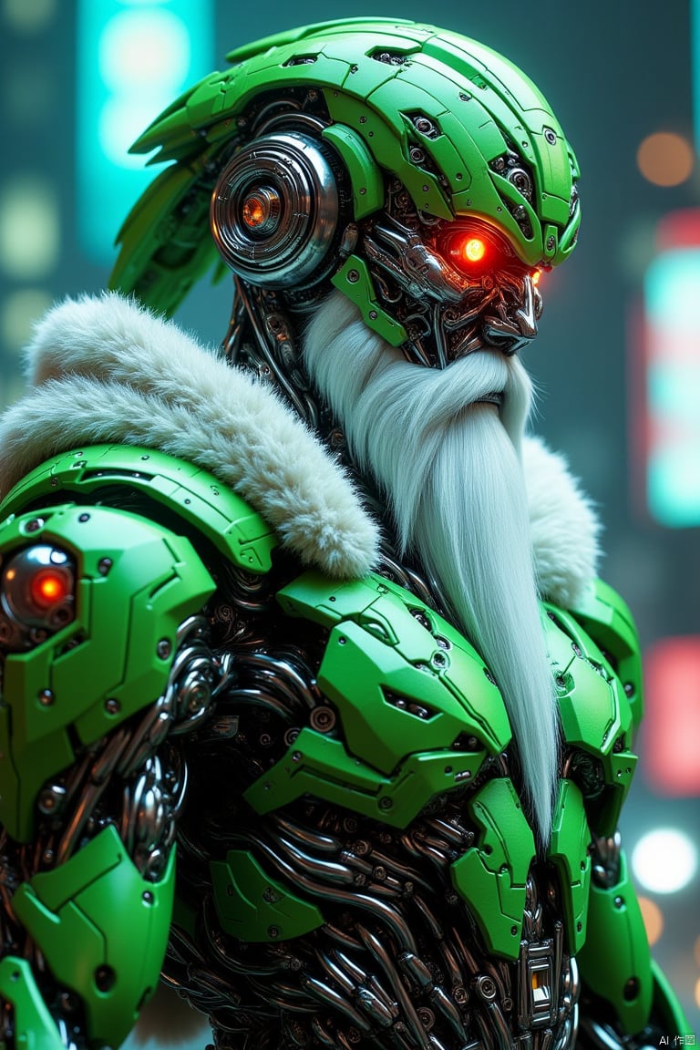 Cyberpunk style, (ai overlord:1.3) santa, green outfit, white beard, neon lights, scifi, futuristic, high tech, robotic joints, high detailed robotic eyes, TransformersStyle,
,mechanical