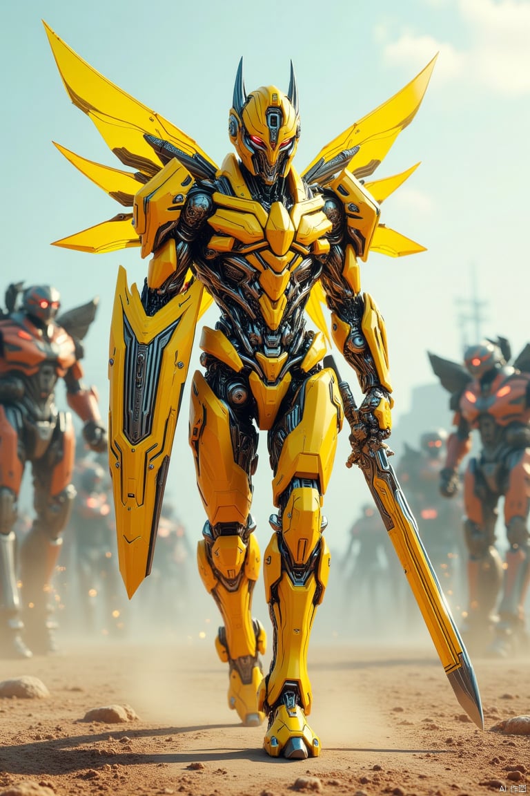 A battle-hardened, cybernetic warrior in sleek, high-tech yellow armor, glass samurai sword and transparent shield, glass wings, standing on a desolate battlefield with robotic enemies in the background, sparks flying from damaged machines,mechanical