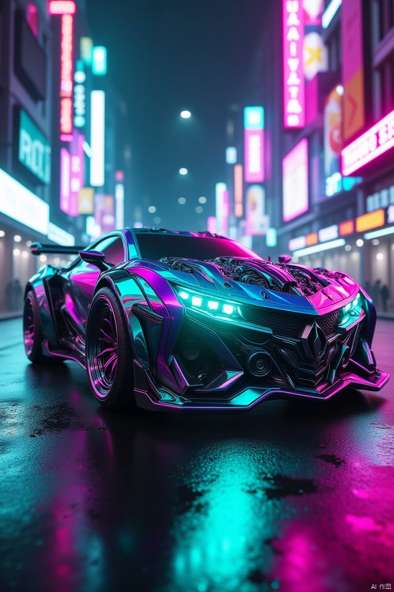 cyberpunk purple and teal futuristic car, sharp edges, high tech, glowing headlights, dystopian night city background, neon lights, wet streets
,mechanical