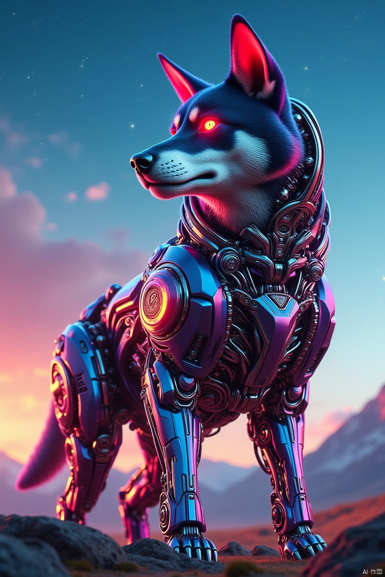 sci-fi, stylized by Alejandro Burdisio, digital art, magnificent, cinematic shot of a robotic (Siberian Husky:1.1) , Latin American art, magical realism, colorful and vibrant compositions, wearing cybernetics, Stars in the sky, shallow depth of field, Flickr, gothic, science fiction, expressive, perfect background, flowing, glossy, winning
,mechanical