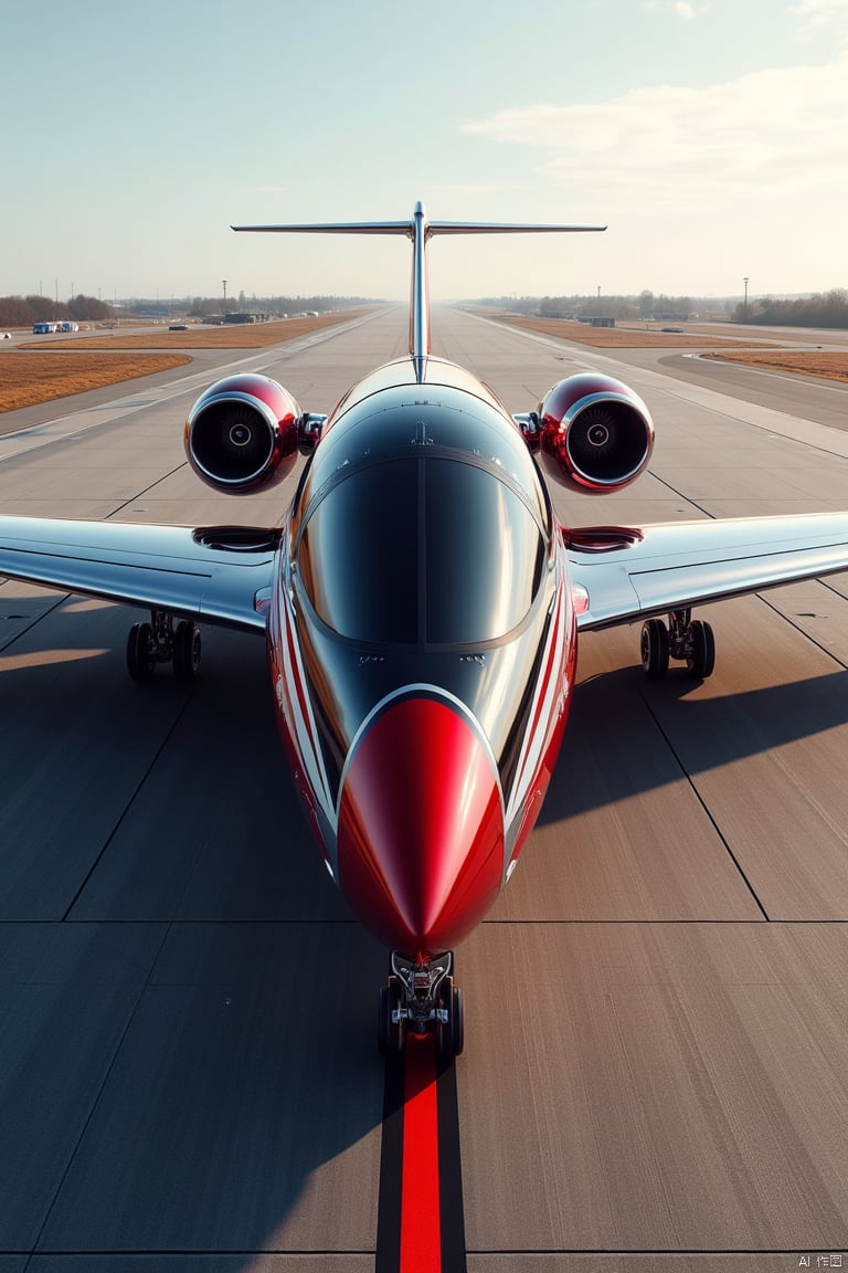 A photorealistic photo of a black and red airplane, metallic-looking sharp design, shiny two toned, dual colors scheme, high-class luxury item, on an airport runway
,mechanical