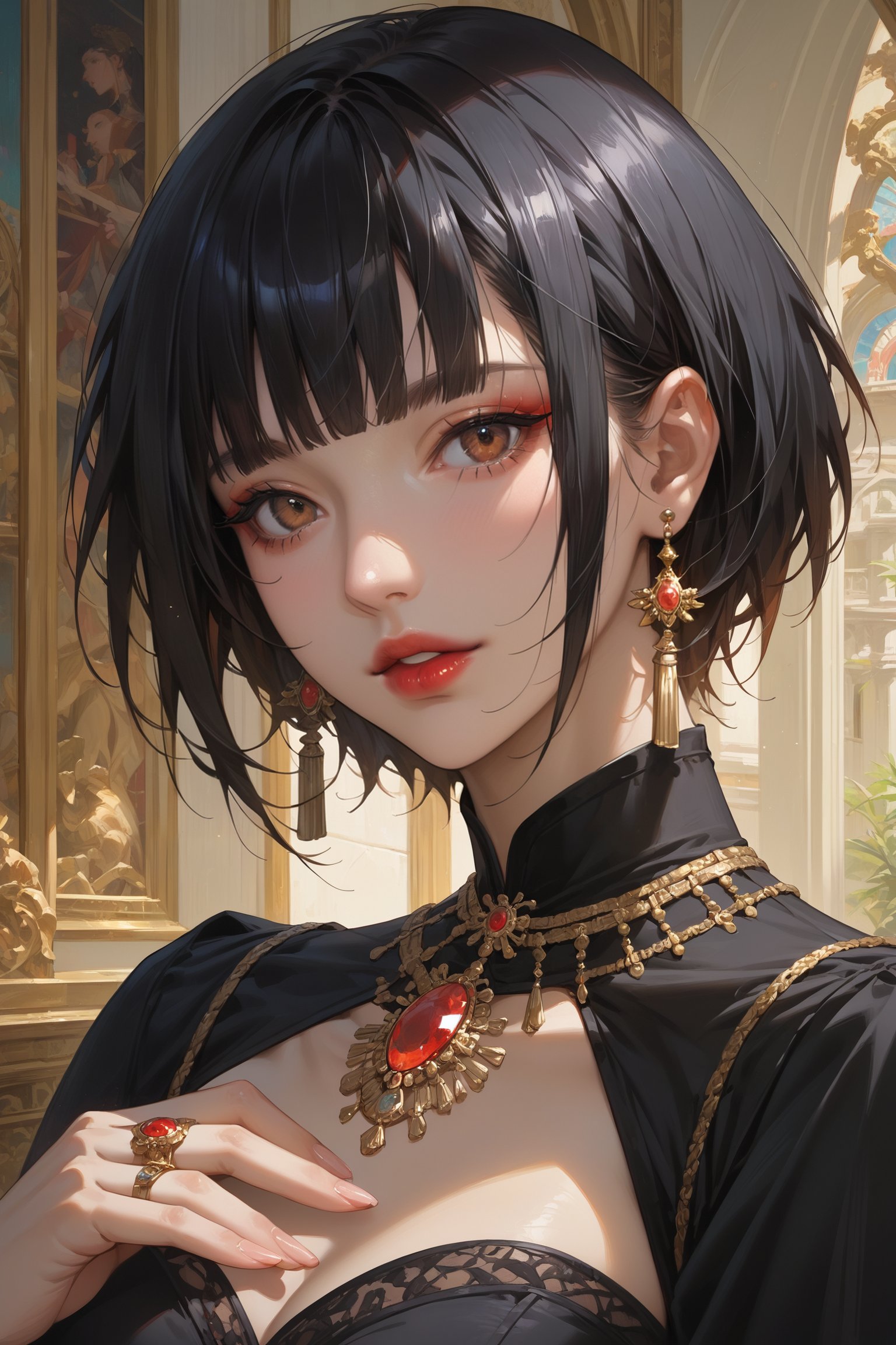 score_9, score_8_up, score_7_up, masterpiece, best quality, absurdres, very aesthetic, source_anime, detailed illustration, 8K UHD, close up, 1girl, solo, looking at viewer, short hair, bangs, black hair, brown eyes, jewelry, upper body, earrings, parted lips, indoors, blunt bangs, black dress, makeup, ring, gem, red lips