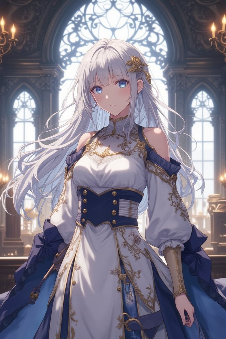 an anime character with long, flowing silver hair and expressive blue eyes. She wears an elegant, intricately designed outfit featuring a white dress with dark blue accents and gold embellishments. The dress has a fitted waist and a high collar, with decorative buttons and floral motifs. She stands confidently in a grand, vintage interior, illuminated by soft light from ornate windows, exuding a sense of grace and poise.