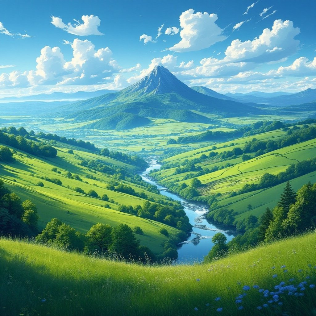 a vibrant landscape featuring rolling green hills and a prominent peak in the background. The scene should include a winding river flowing through a lush valley, with patches of farmland visible. The sky is bright and blue, dotted with fluffy white clouds, and distant mountains should be visible, creating a sense of depth and tranquility.