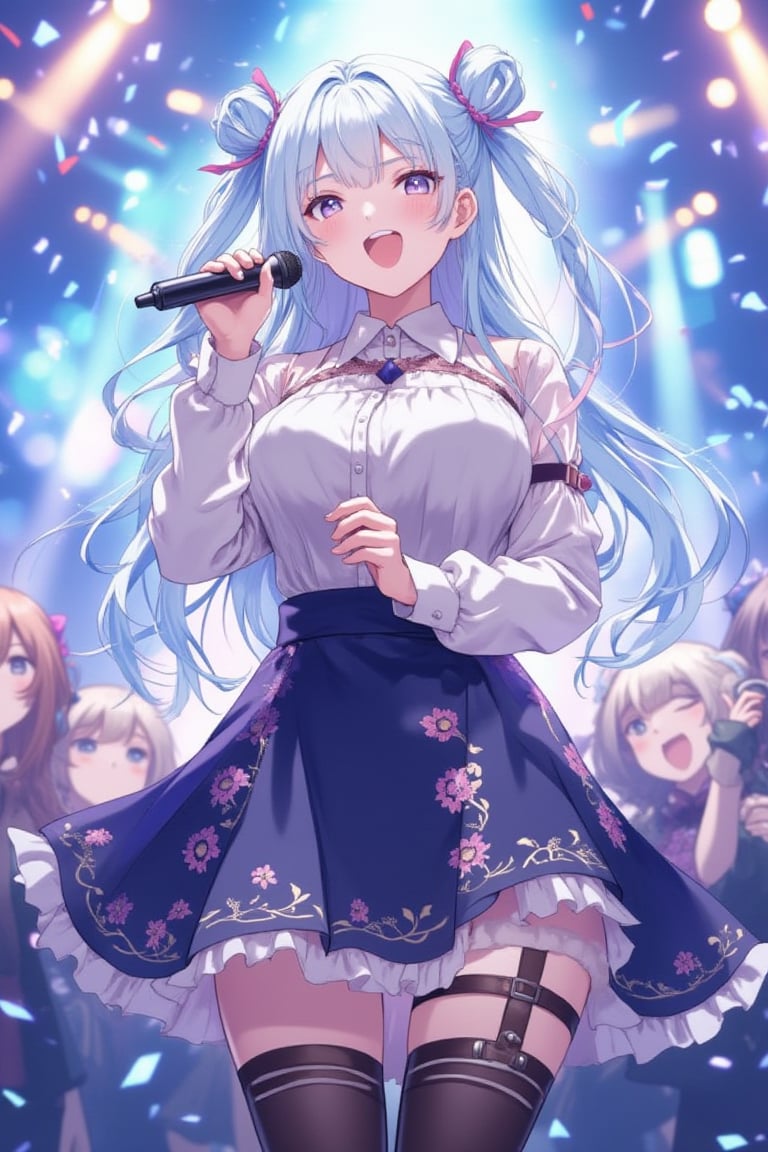 anime-style girl performing on stage, holding a microphone. She has long, light blue hair styled with pink ribbons, wearing a stylish outfit with a white top and a dark blue skirt adorned with floral patterns. The skirt has a frilly hem and she wears thigh-high stockings with a garter. The background features a bright, festive atmosphere with confetti and decorations, suggesting a lively concert setting. Include elements of excitement and energy in the scene