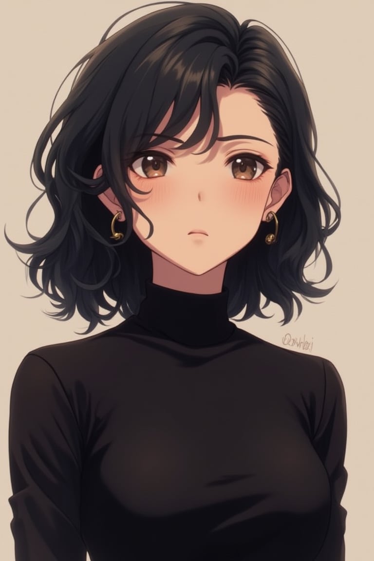 an anime-style portrait of a young woman with shoulder-length, wavy black hair. She has a serious expression, with slightly blushed cheeks. Her outfit is a fitted, high-neck black top, and she wears small earrings. The background is a soft, muted color that complements her features