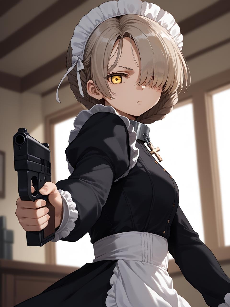 <lora:sheffield_pony_v1.0:0.8>,sheffield \(azur lane\), yellow eyes,short hair, hair over one eye,braid, maid headdress,maid,metal collar,cross, day, indoors,holding gun, looking back, , pointing a gun at viewer,close-up, from side, from below,, score_9, score_8_up, score_7_up, source_anime,