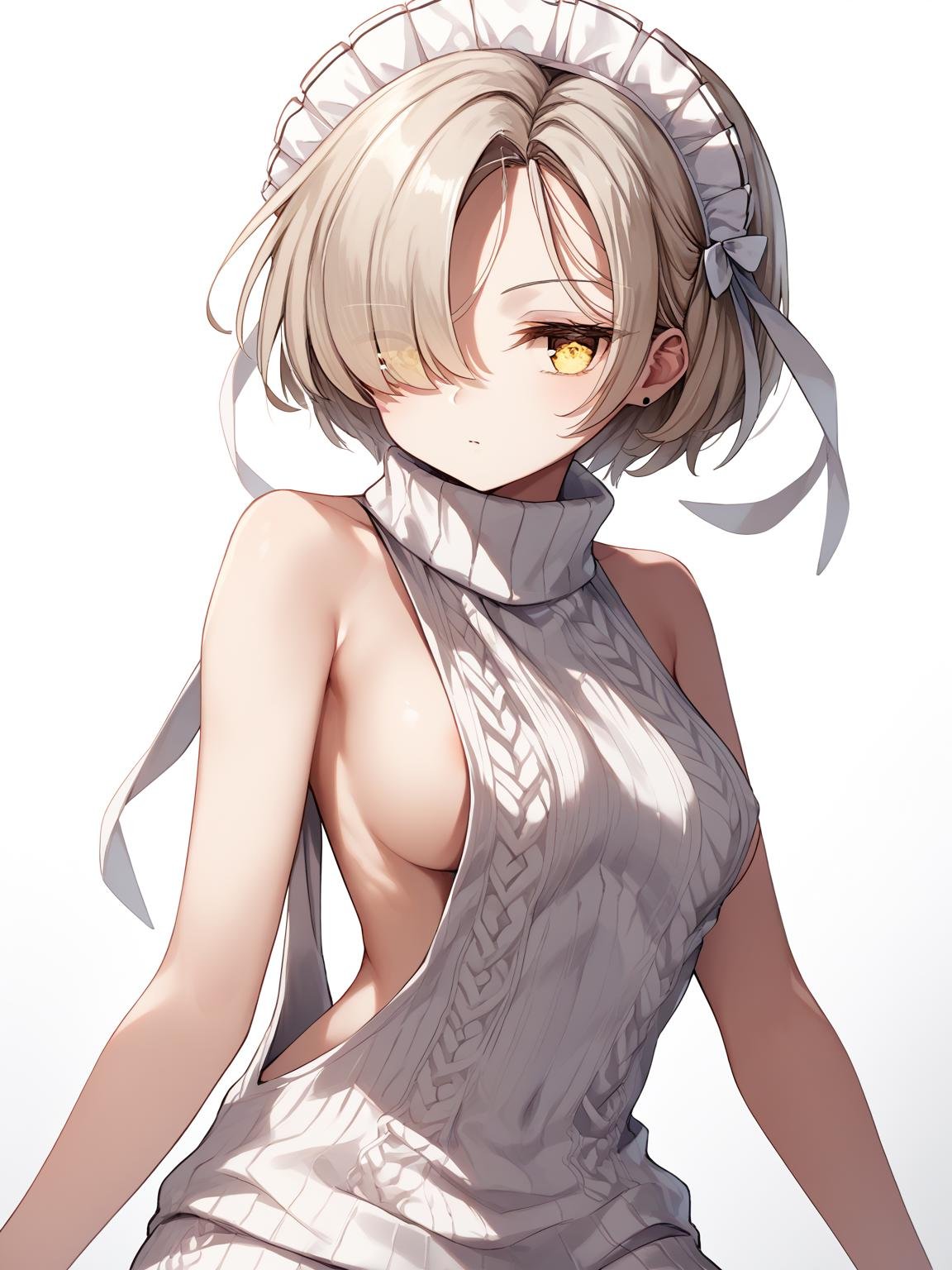 <lora:sheffield_pony_v1.0:0.8>,sheffield \(azur lane\), yellow eyes,short hair, maid headdress, hair over one eye,virgin killer sweater,, score_9, score_8_up, score_7_up, source_anime,