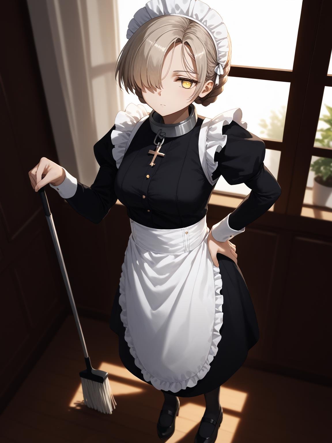 <lora:sheffield_pony_v1.0:0.8>,sheffield \(azur lane\), yellow eyes,short hair, hair over one eye,braid, maid headdress,maid,metal collar,cross, day, (holding mop:1.2), from above, [hand on own hip], full body, morning, cinematic lighting,Floor-to-ceiling windows,living room, score_9, score_8_up, score_7_up, source_anime,